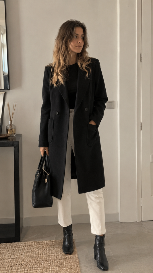 Abrigo Largo con Solapas y Bolsillos Dobles – Otoño e Invierno